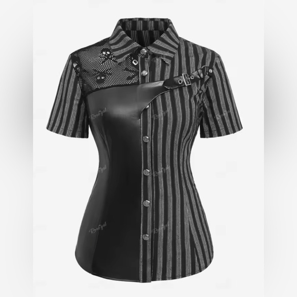 Biker Gothic Black Grey Striped Collared Button up Shirt w/ Belt Design 1X 16-18 - Picture 2 of 7